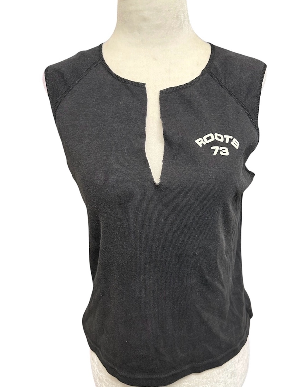 Roots Black Notch-Neck Sleeveless Top with Logo